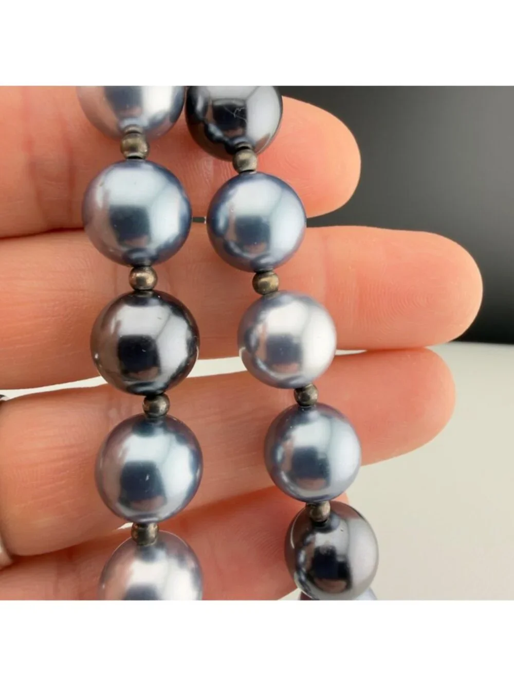 Gray Glass Bead Faux Pearl Necklace Large Luster Chunky 15 inch
